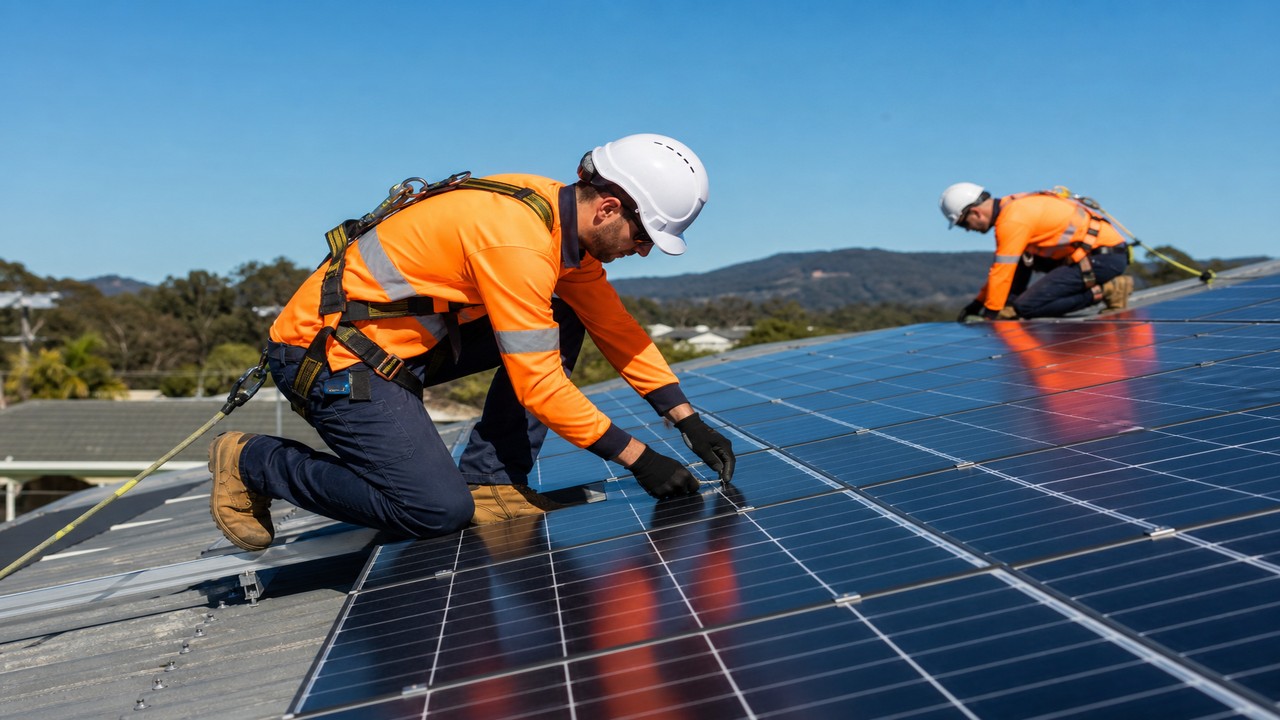 Workers installing solar panels with safety equipment at a Victorian site