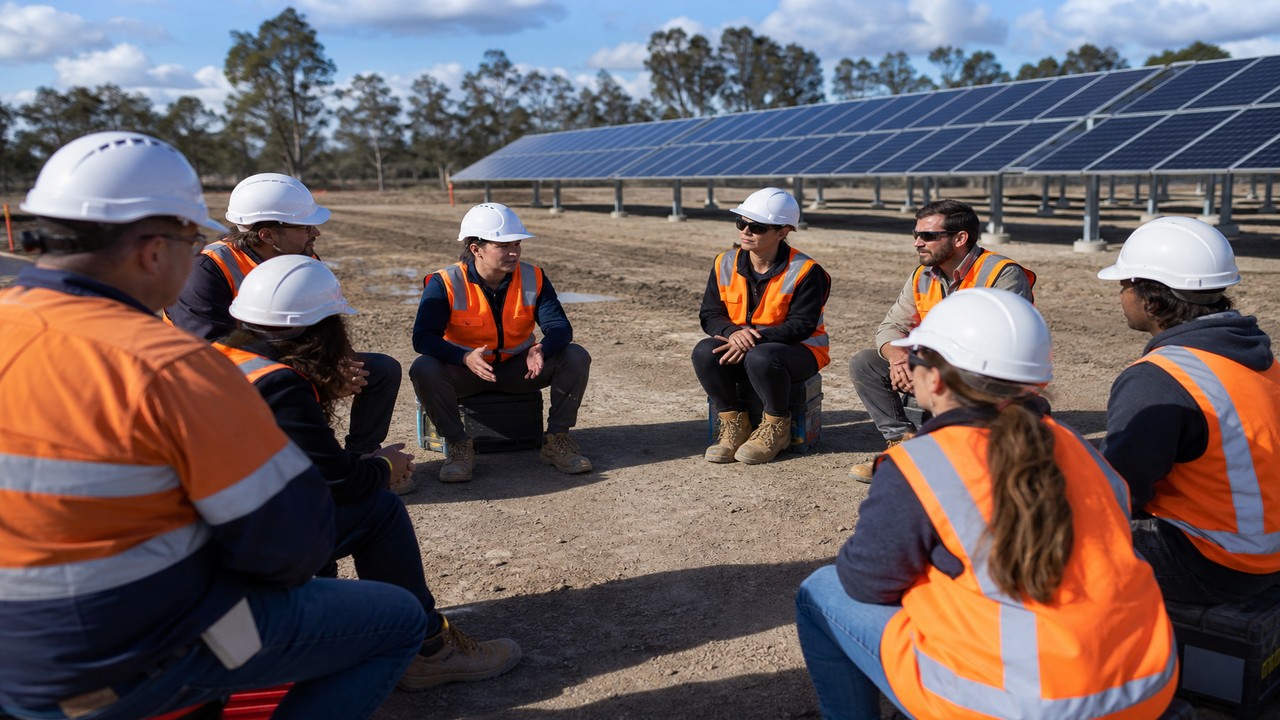 Team safety briefing at a solar construction site in Victoria