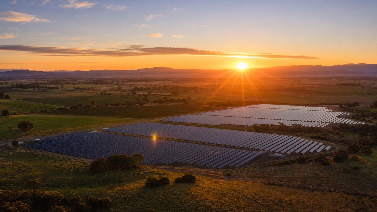 Sunrise over a Victorian solar farm and agricultural landscape