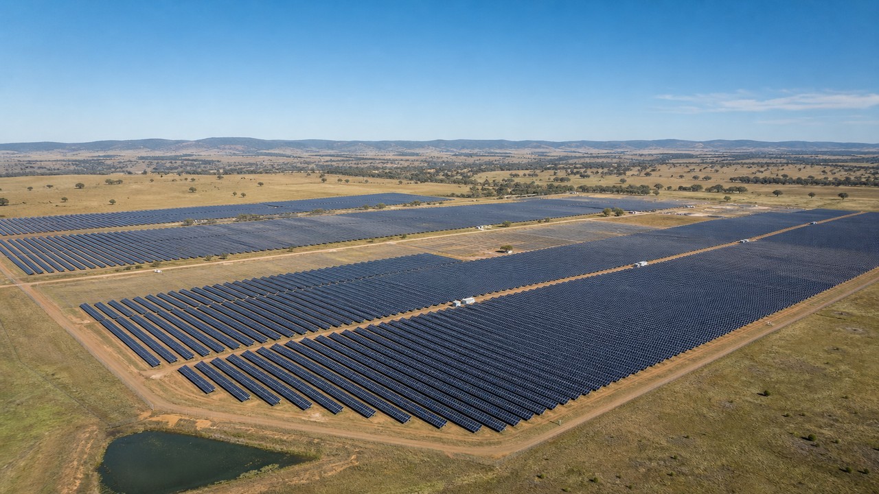 Aerial view of a large-scale solar farm in Victoria