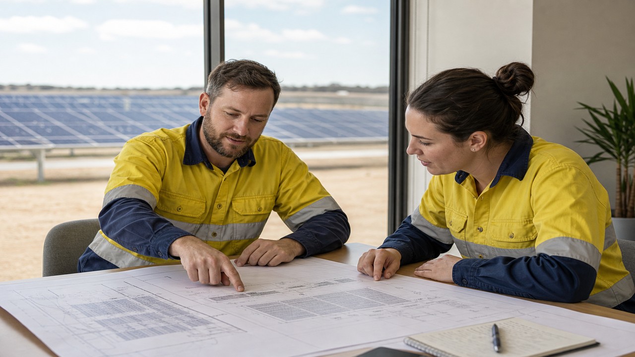 Engineers reviewing solar farm layout drawings in Melbourne