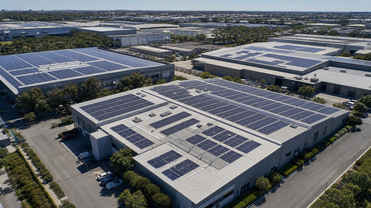 Commercial rooftop solar installation on an industrial facility in Victoria